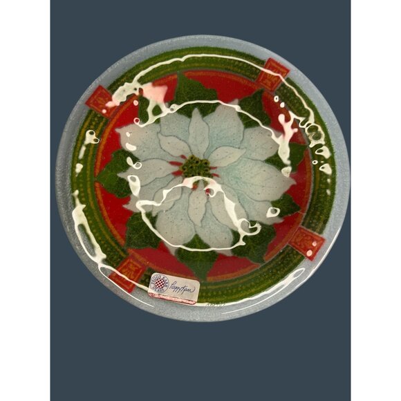 Peggy Karr Glass Holiday Poinsettia Plate 7.75" Handmade In USA Vibrant Red Gree - Picture 1 of 6